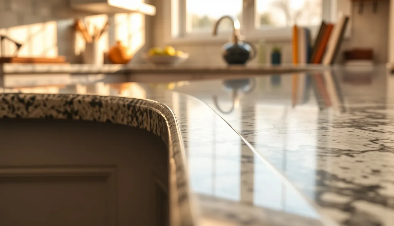 Polished granite countertop showing a colonial ogee edge profile in afternoon light