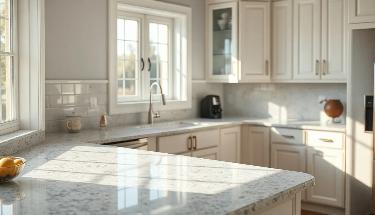 Freshly installed colonial white granite countertops in a bright kitchen with white cabinets