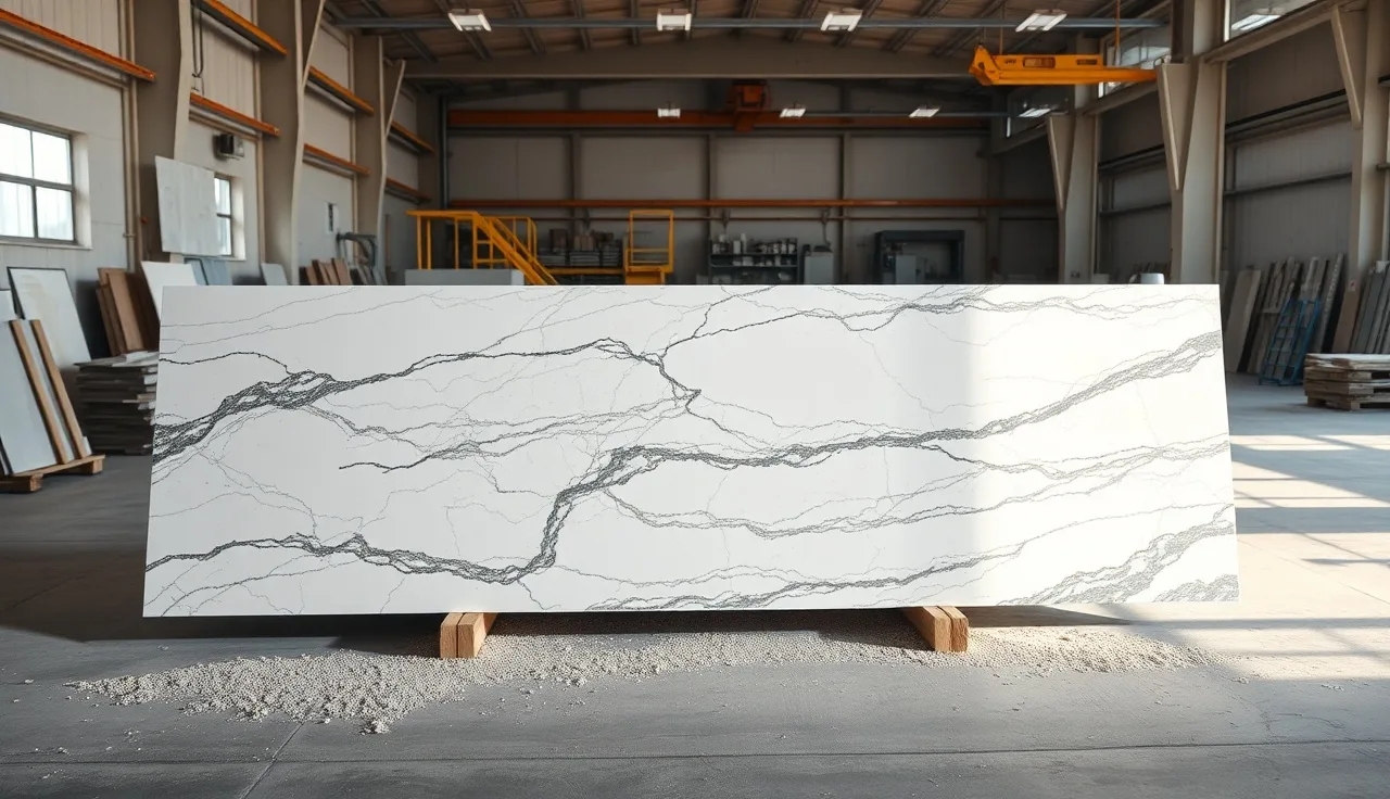 CNC bridge saw cutting a large granite slab in a commercial stone fabrication shop