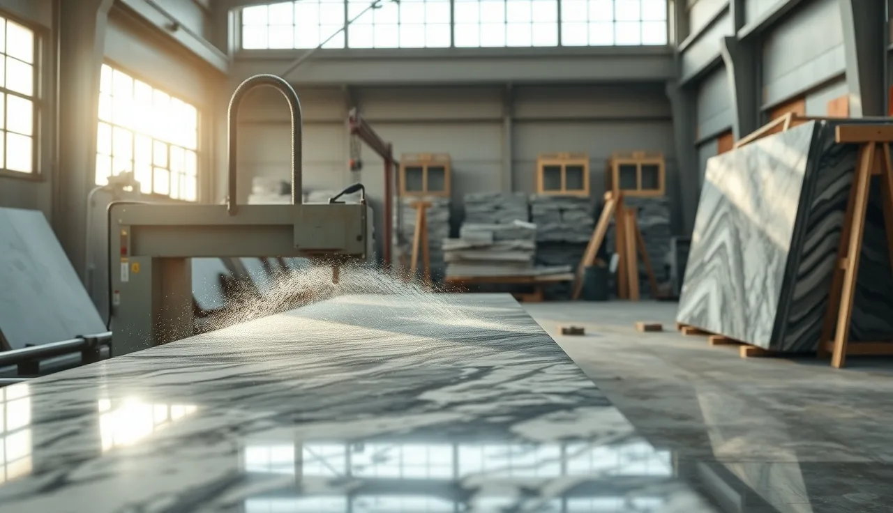 CNC bridge saw cutting a granite slab inside a commercial stone fabrication facility