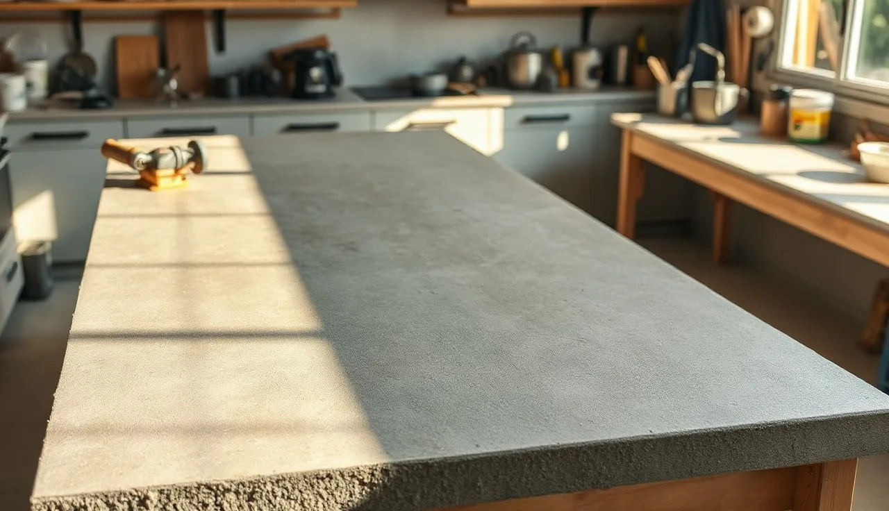 Concrete countertop slab in workshop beside quartz sample for comparison
