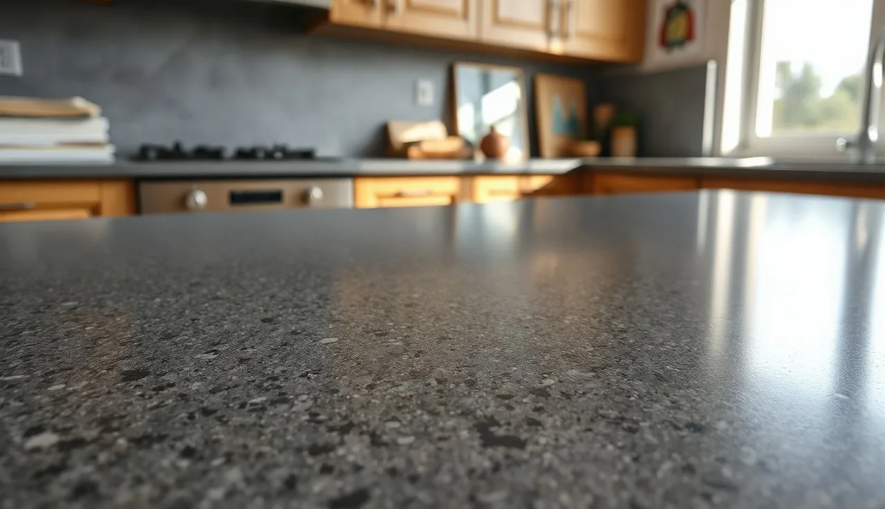 Polished charcoal concrete countertop surface with aggregate texture in a modern kitchen