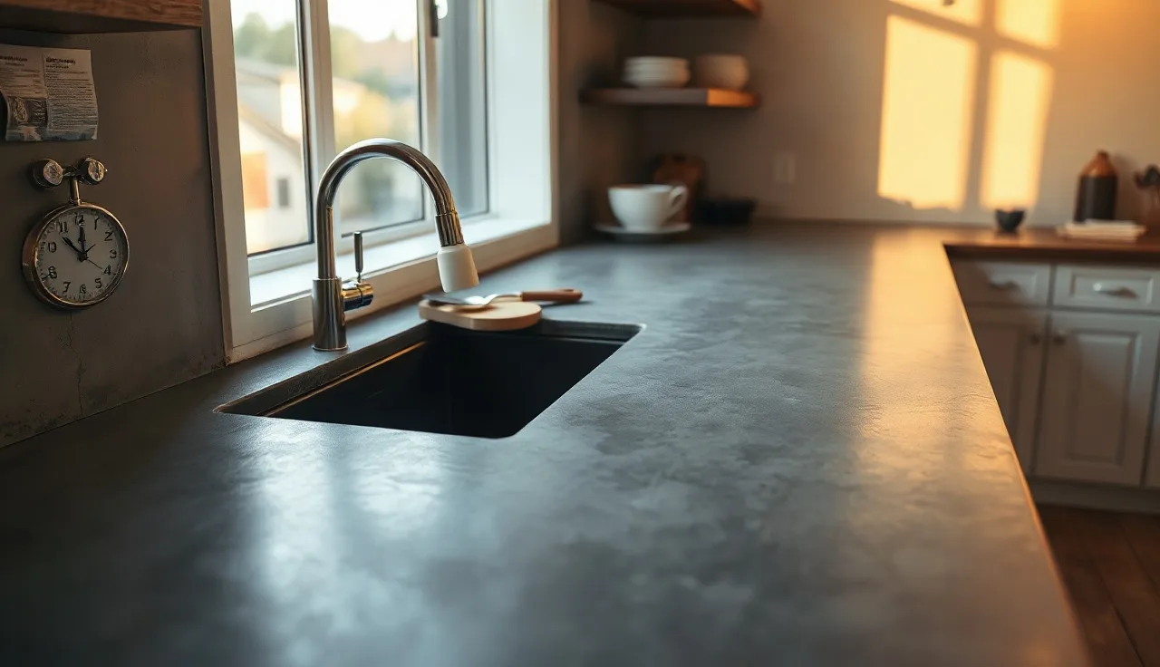 Matte charcoal concrete kitchen countertop with aggregate texture in morning light