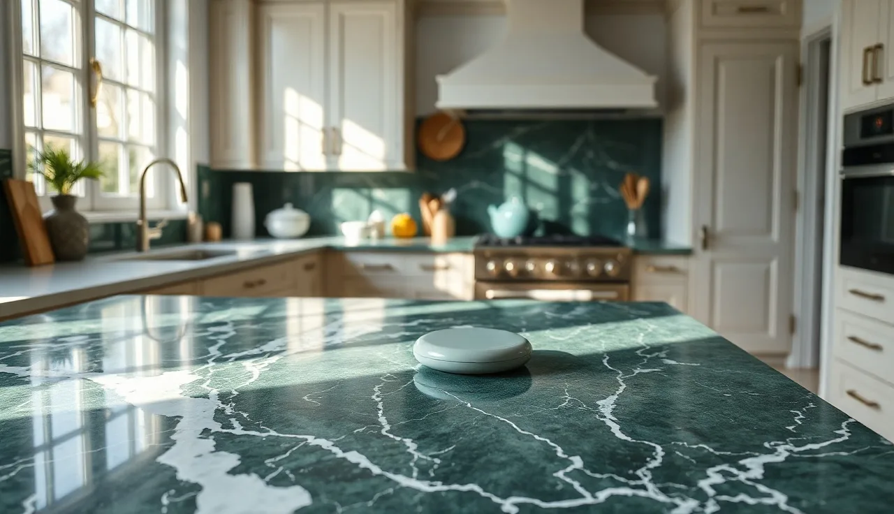 Polished green Connemara marble countertop with white veining in a kitchen