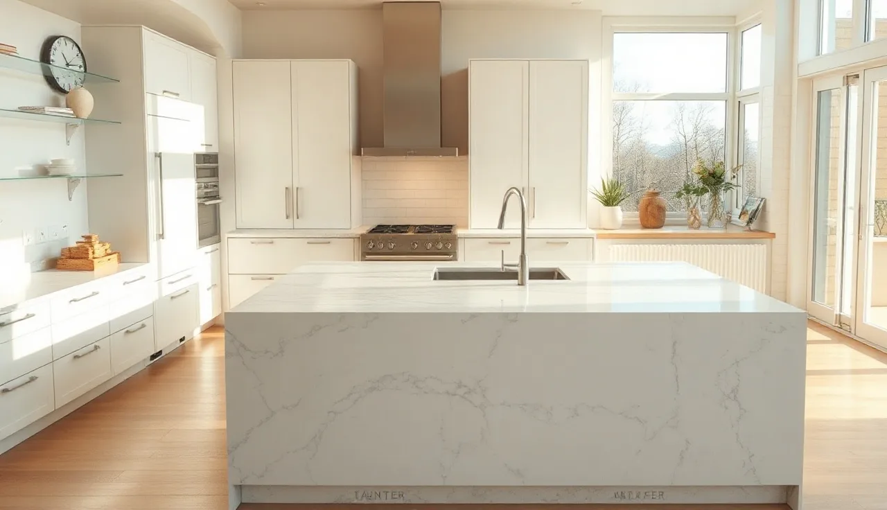 Contemporary kitchen island with pale veined quartz countertop in morning light
