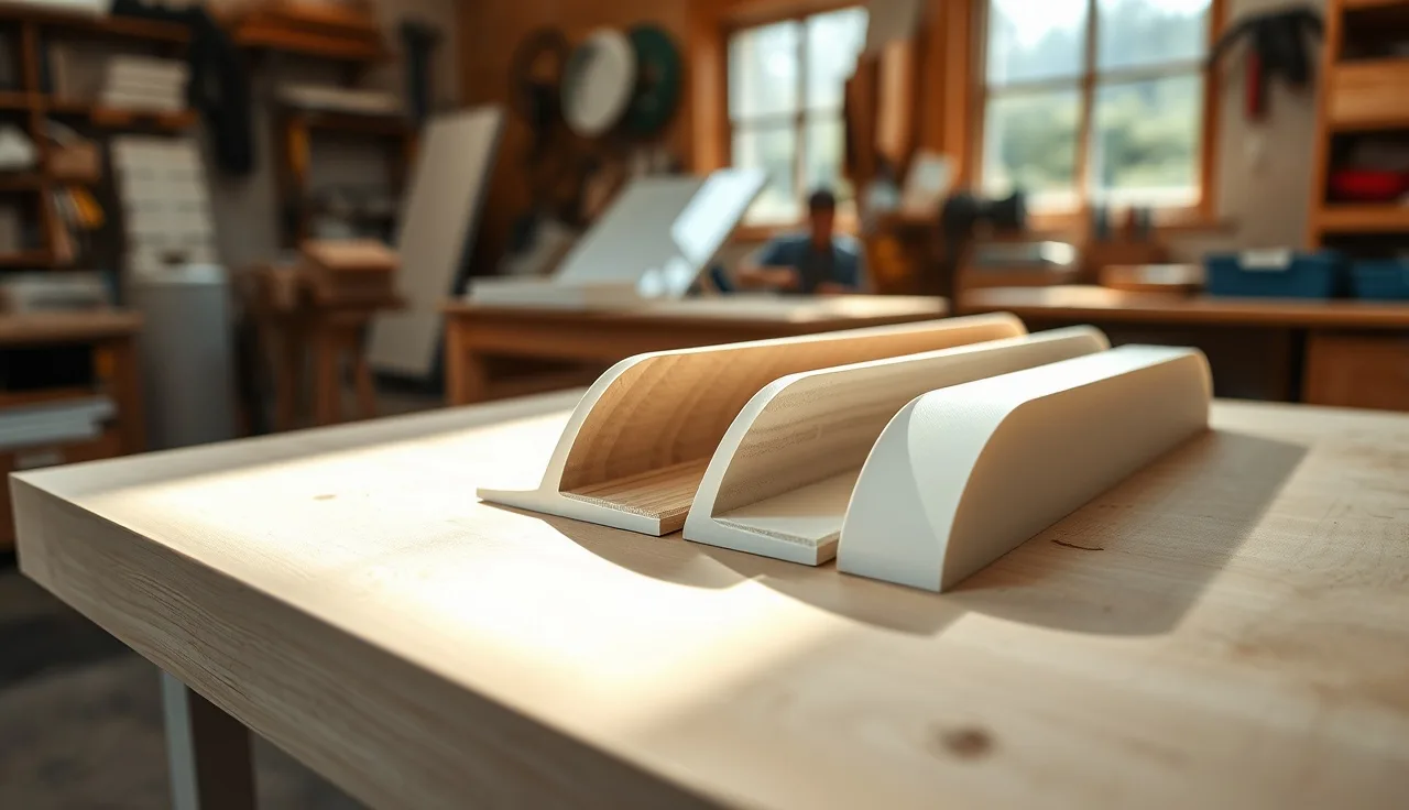 Cross-section Corian edge profile samples arranged on a fabricator workbench in natural light