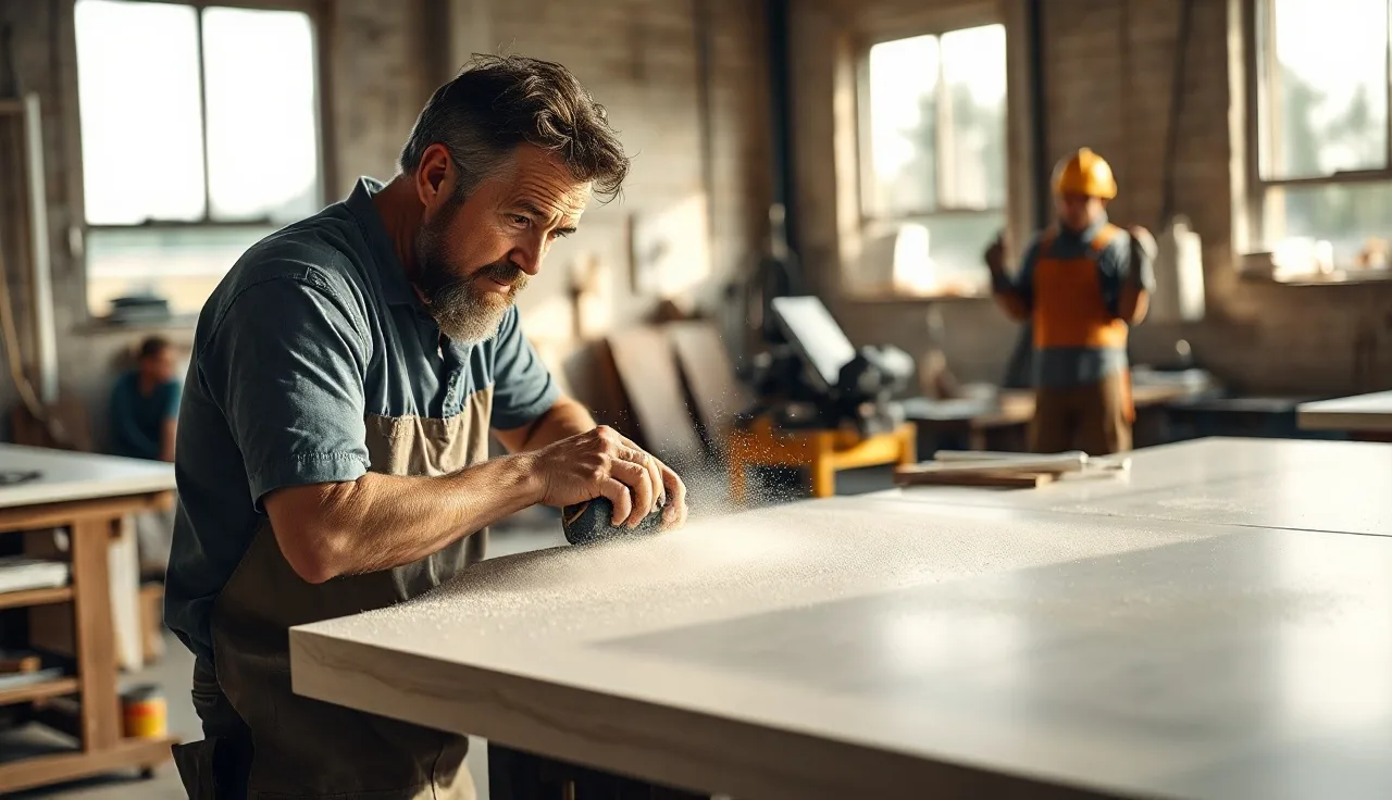 Fabricator hand-sanding a Corian countertop seam in a busy shop