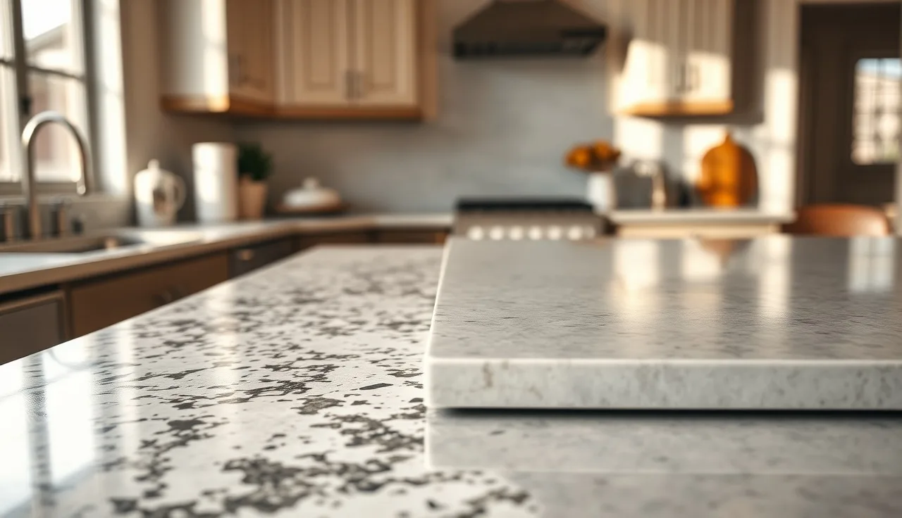 Granite and Corian countertop samples side by side on a kitchen island