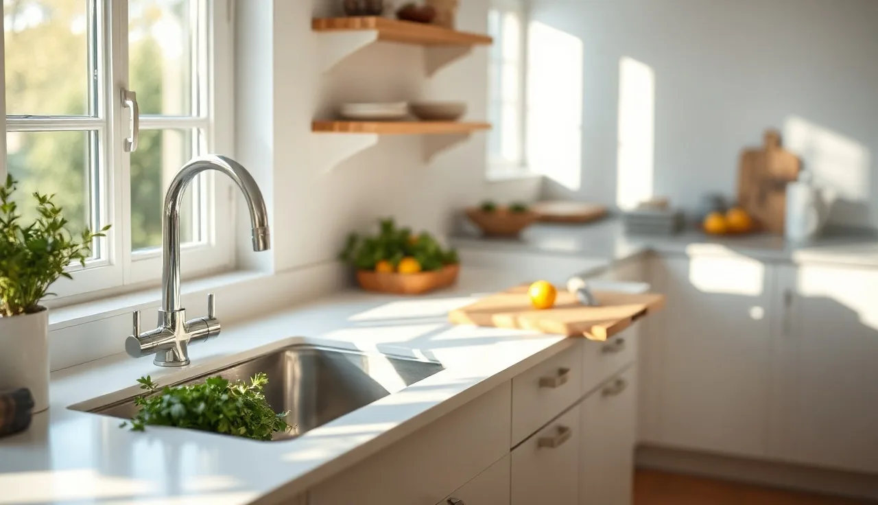 White Corian countertop with integrated sink in a sunlit kitchen