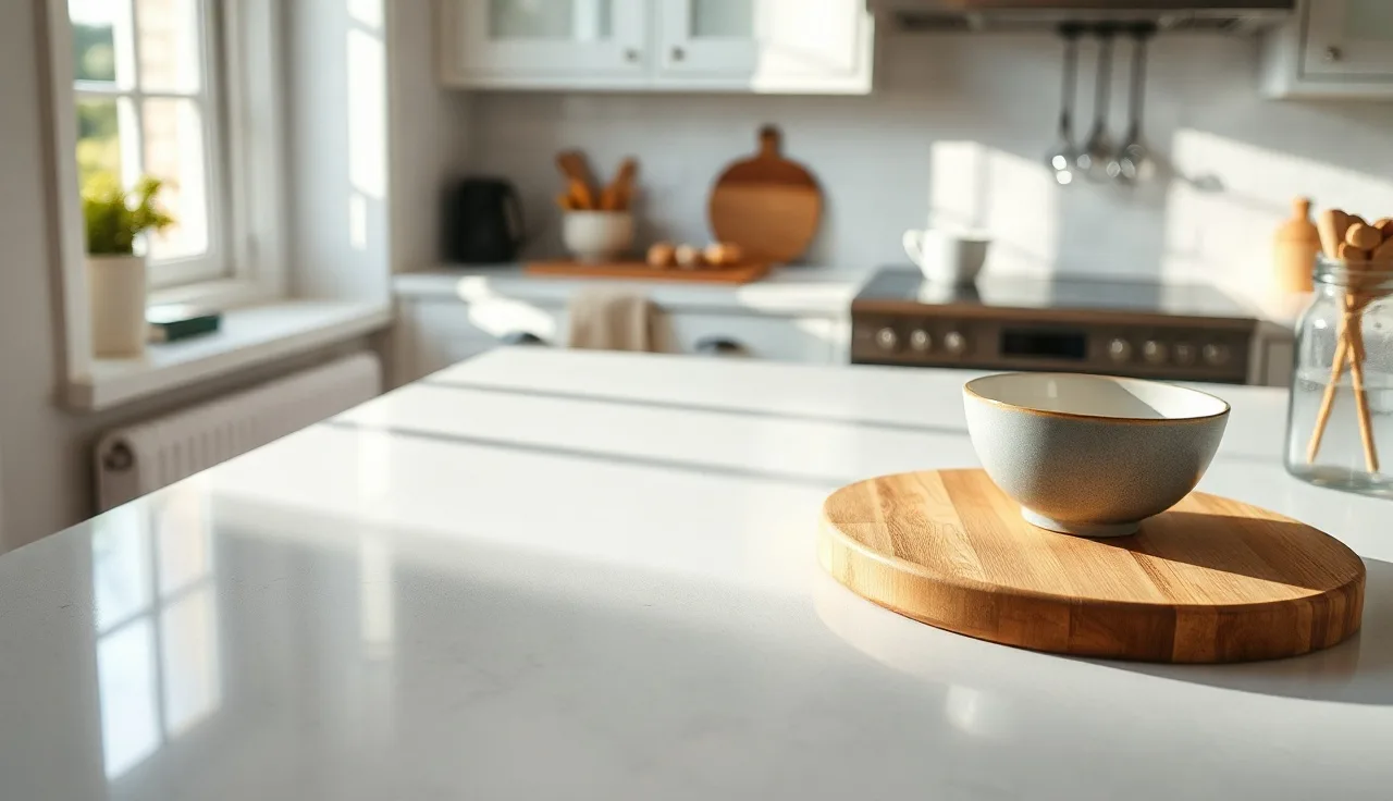 Gray engineered quartz countertop in a bright kitchen with morning light