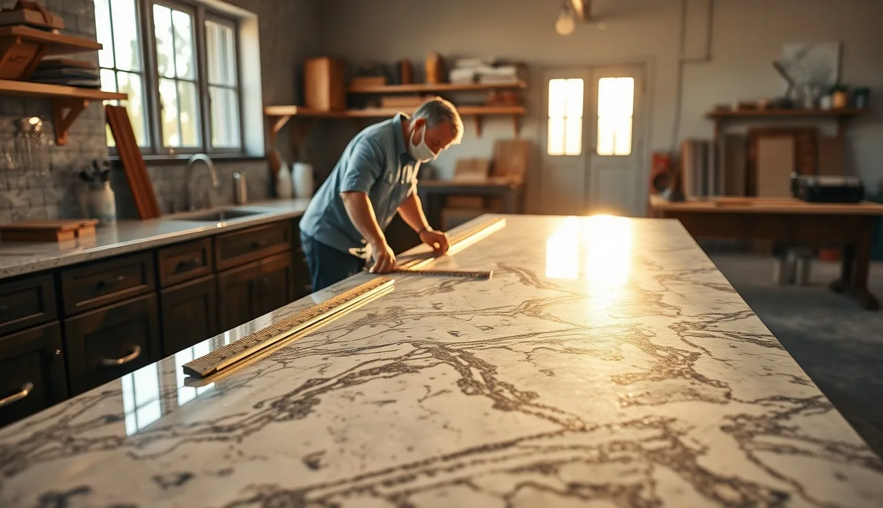 Fabricator measuring a polished granite countertop slab in a kitchen, afternoon light