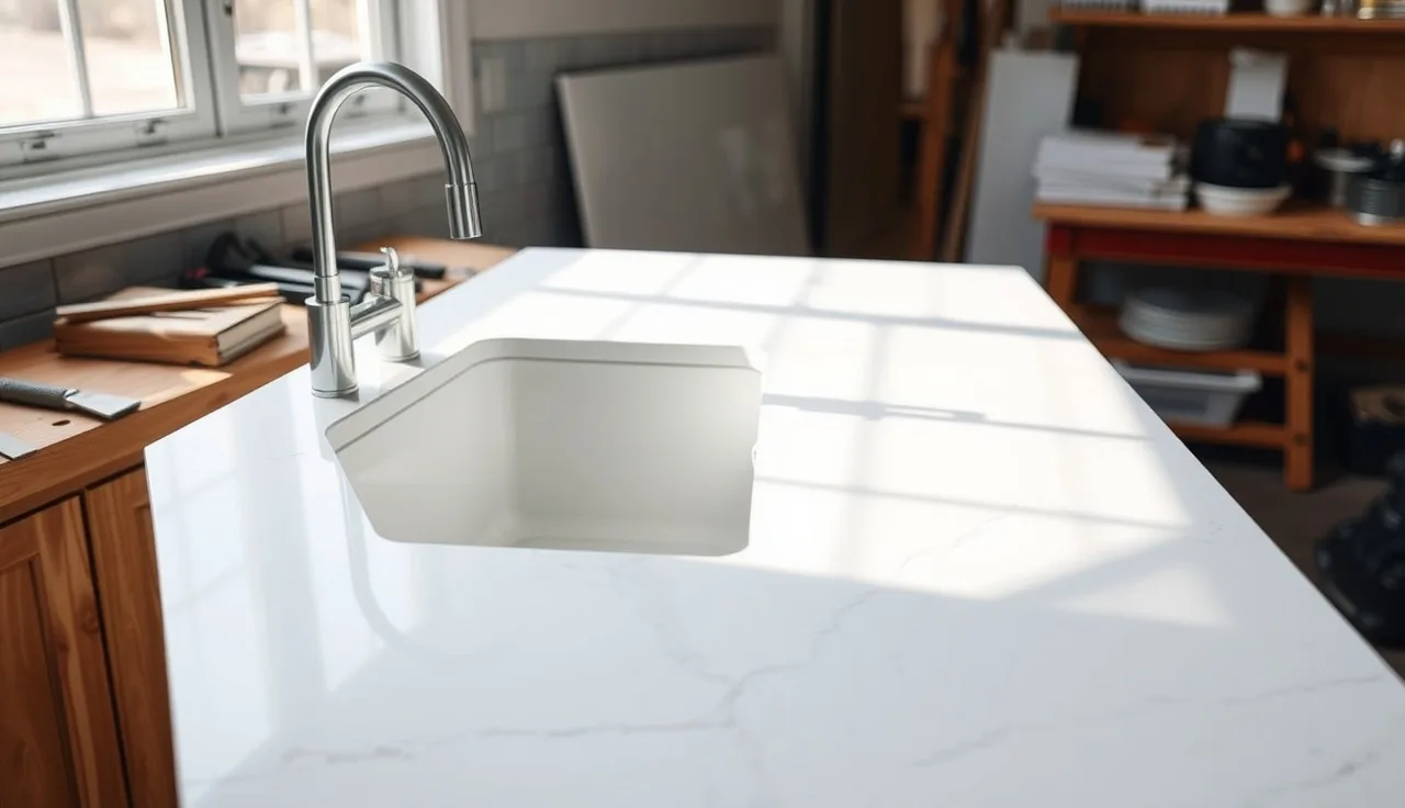 New white quartz countertop installed in a bright kitchen with undermount sink