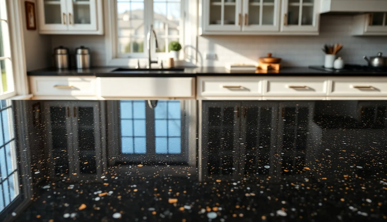 Polished black granite kitchen countertop with gold mineral flecks and white cabinets