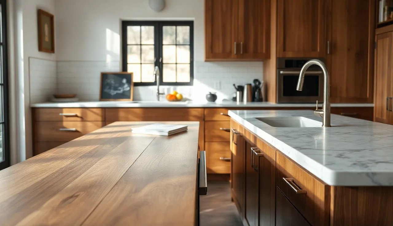 Butcher block island beside white quartz perimeter countertop in a kitchen