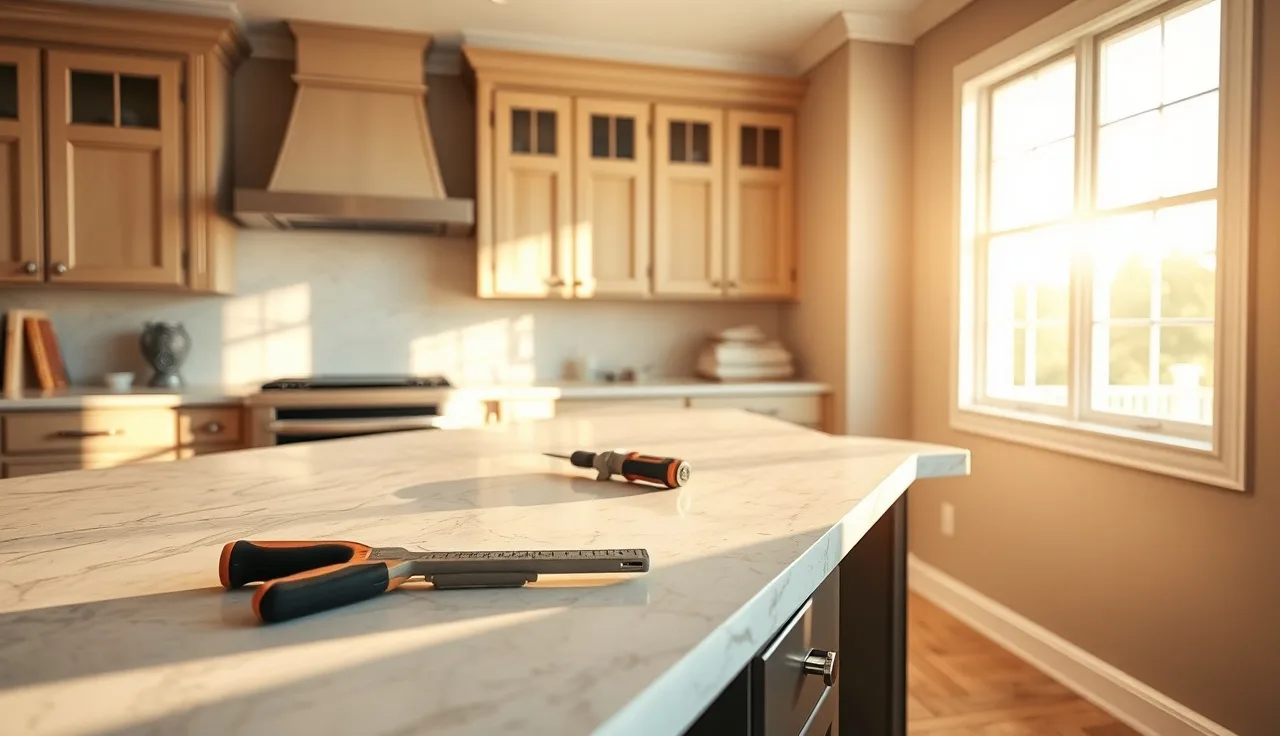 Freshly installed quartz countertop in a bright Florida kitchen during installation