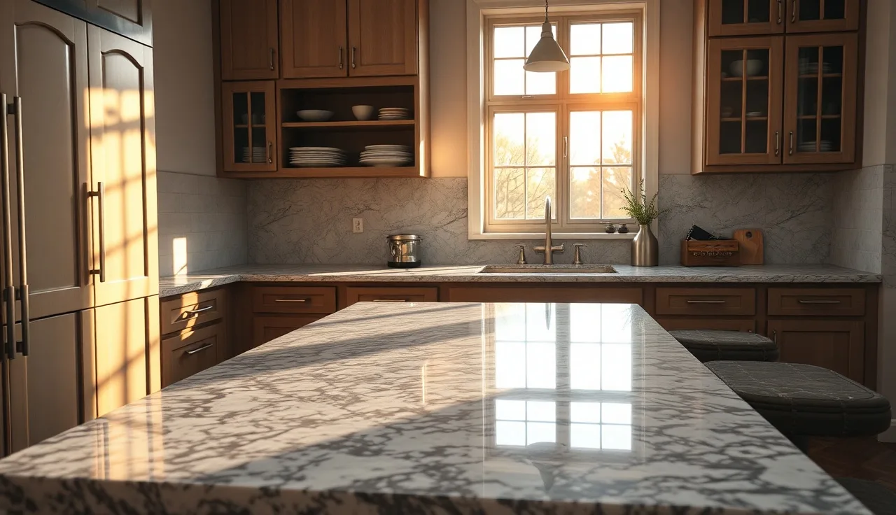 Polished gray and white granite countertop in a bright kitchen with afternoon light