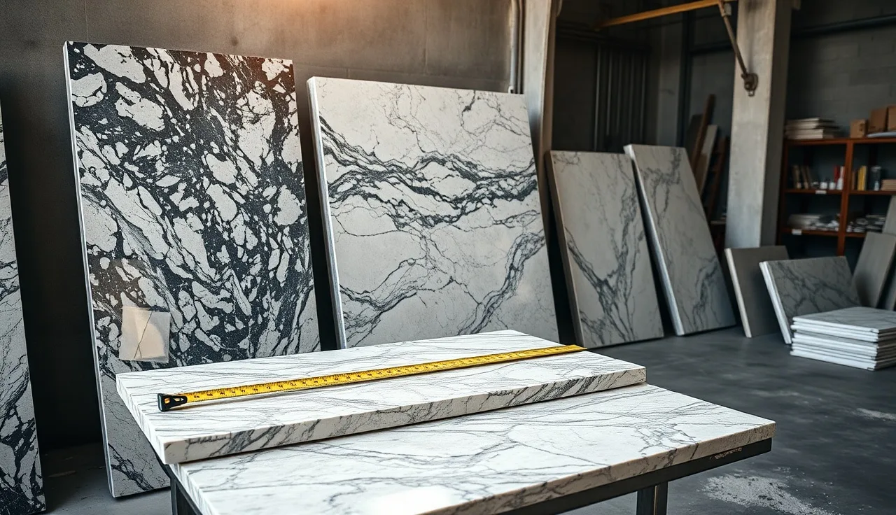 Polished stone slabs and a cut countertop section on a fabricator workbench