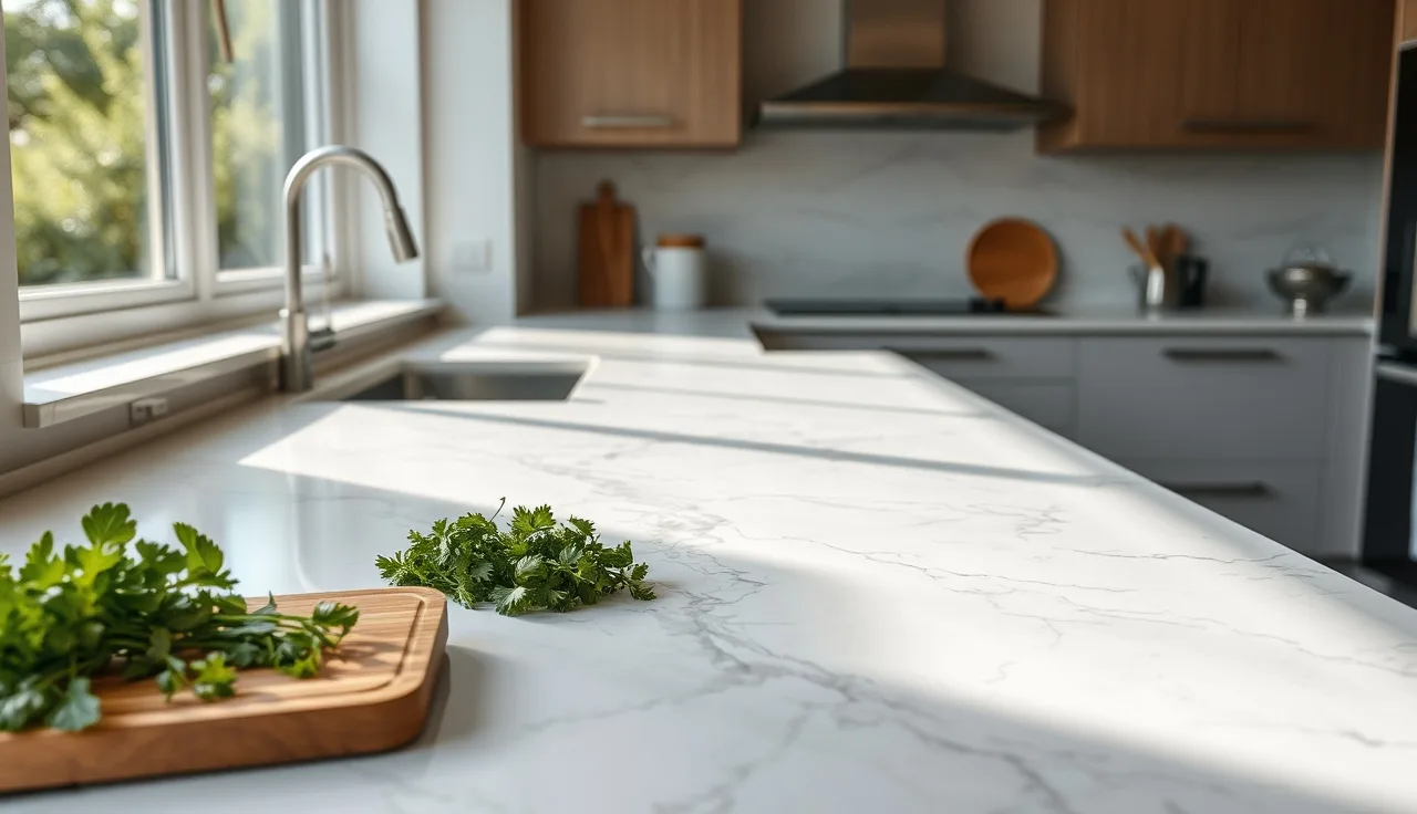 White quartzite countertop with gray veining in a sunlit modern kitchen