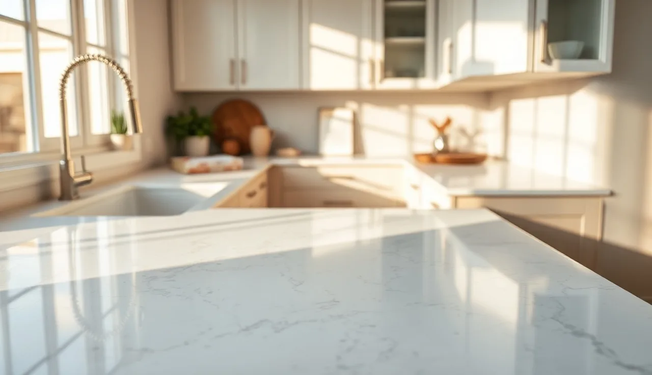Polished white quartz countertop with gray veining installed in a bright kitchen