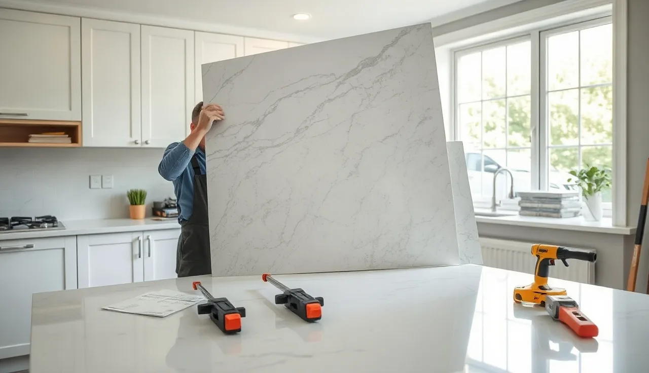 Fabricator installing a gray quartz kitchen countertop slab in a modern kitchen
