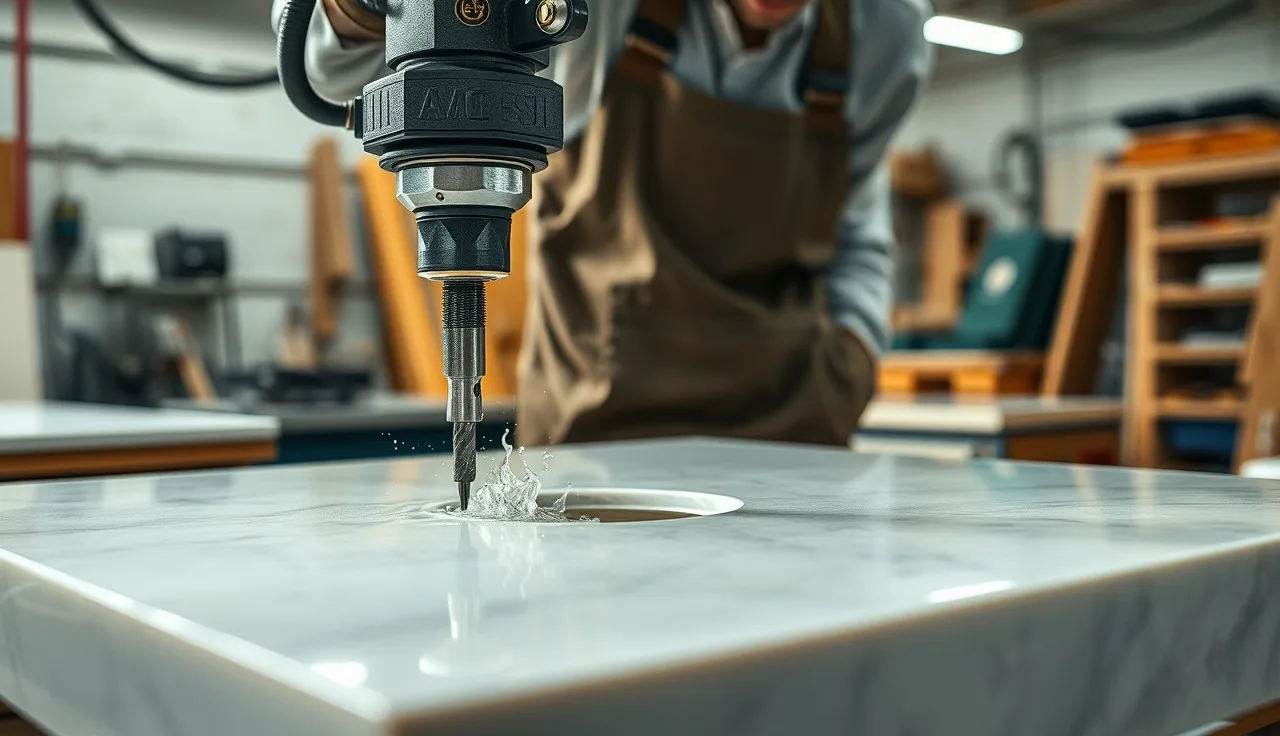 Fabricator drilling a faucet hole in a white quartz countertop slab with a diamond core bit