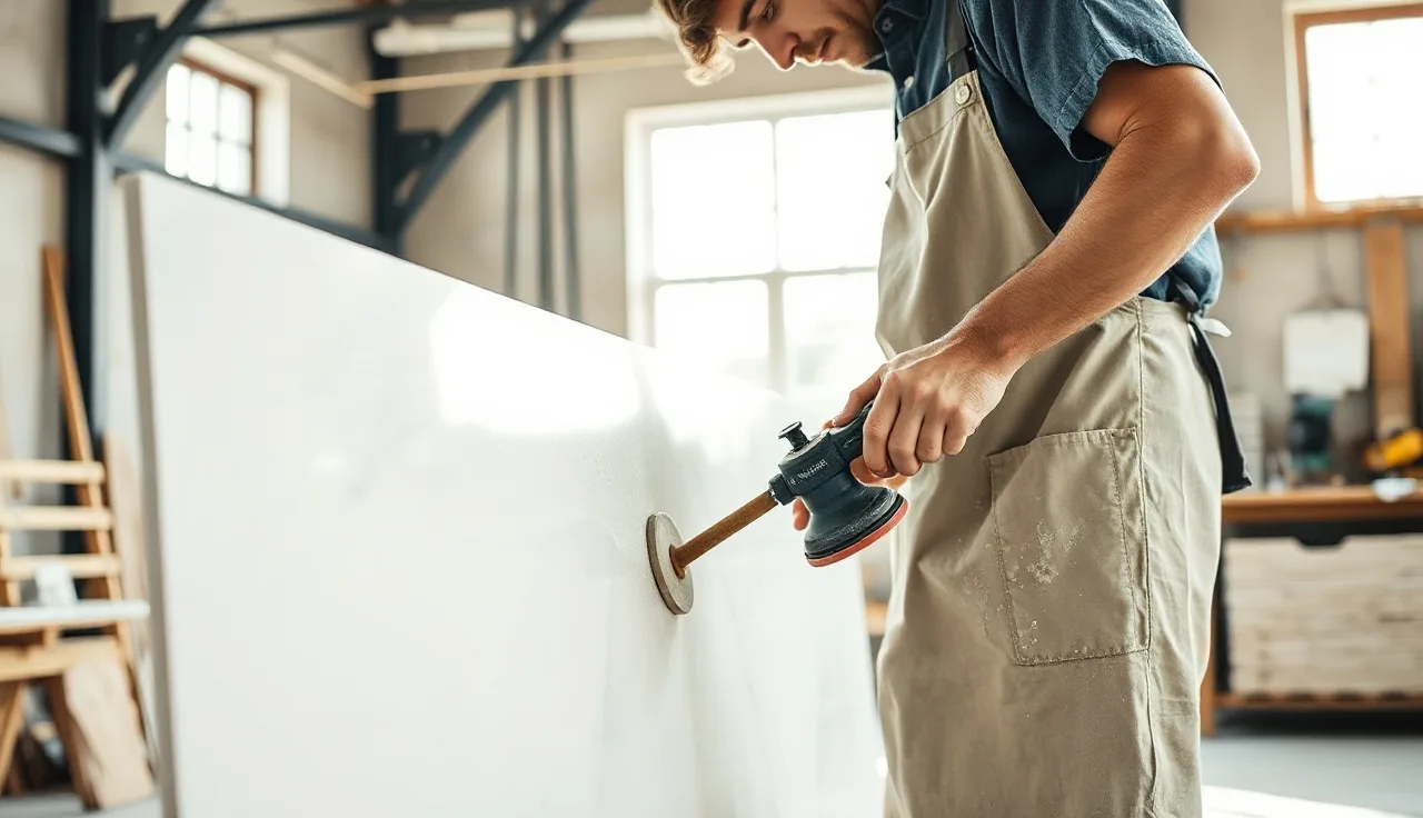 Fabricator polishing the edge of a quartz countertop slab in a stone shop