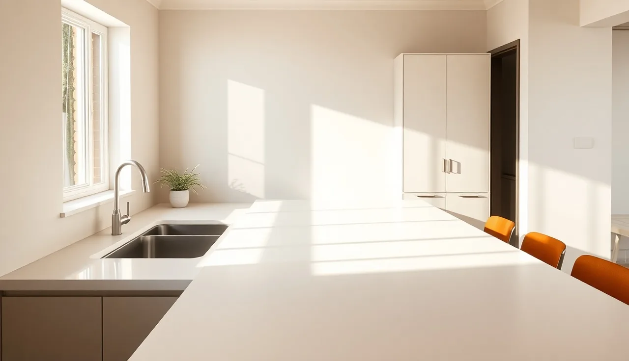 White solid-surface Corian kitchen countertop with integrated sink in afternoon light
