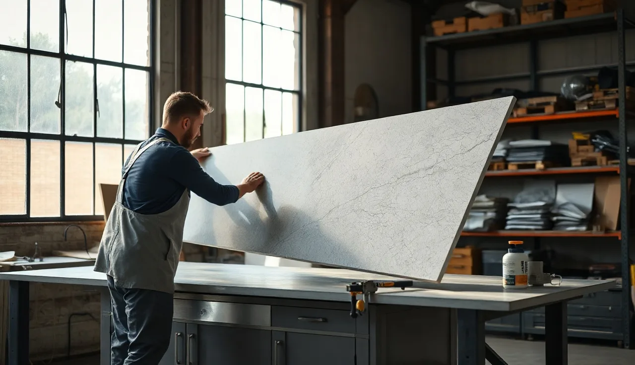 Fabricator installing a quartz countertop onto kitchen cabinets in a workshop