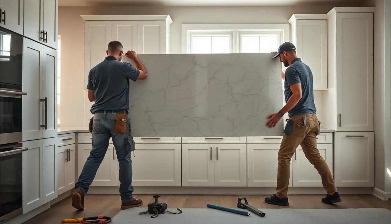 Two installers lowering a quartz countertop slab onto kitchen cabinets during installation