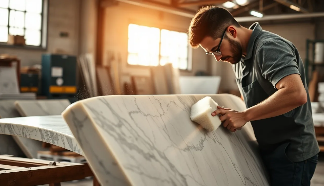 Stone fabricator polishing a marble countertop edge profile in a workshop