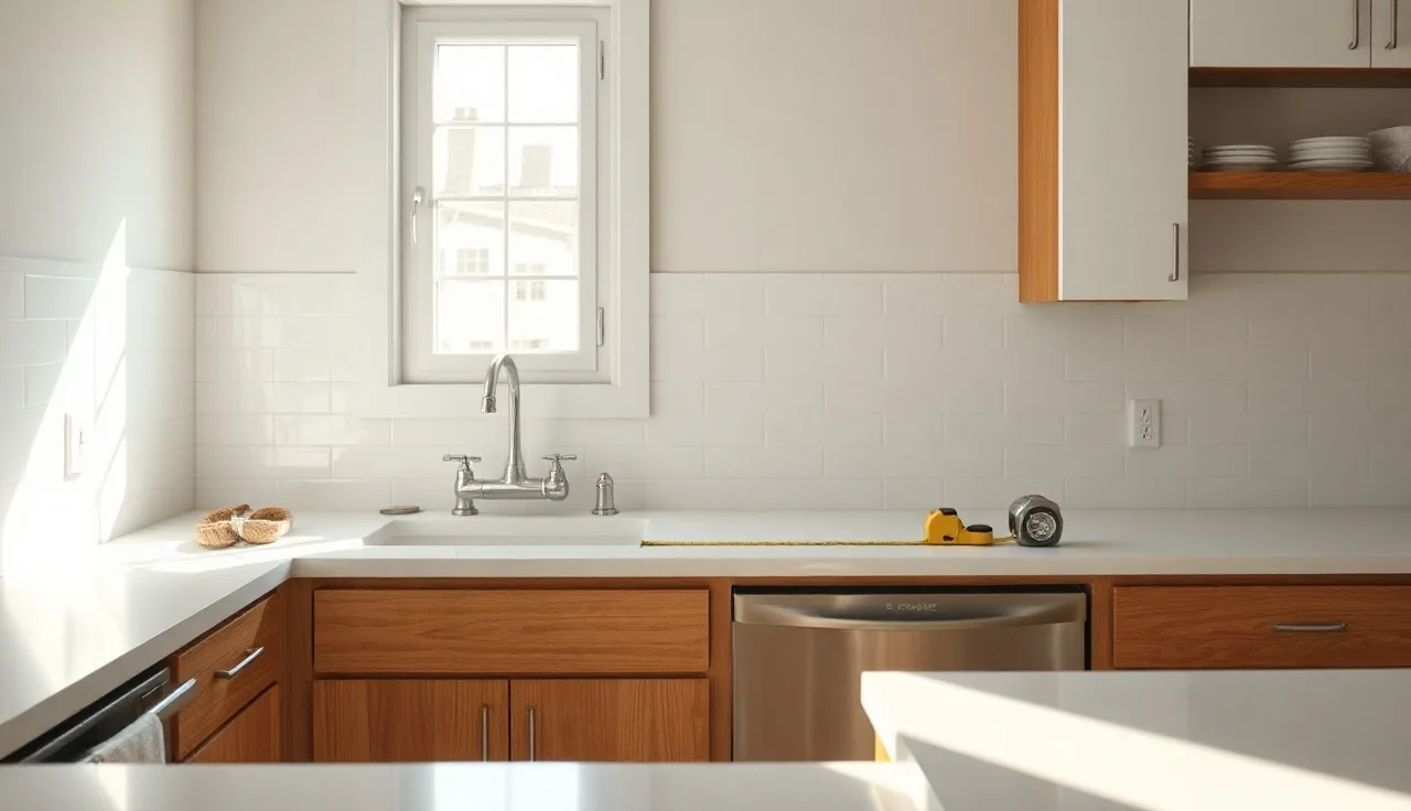 Newly installed white laminate countertops in a bright kitchen with morning light