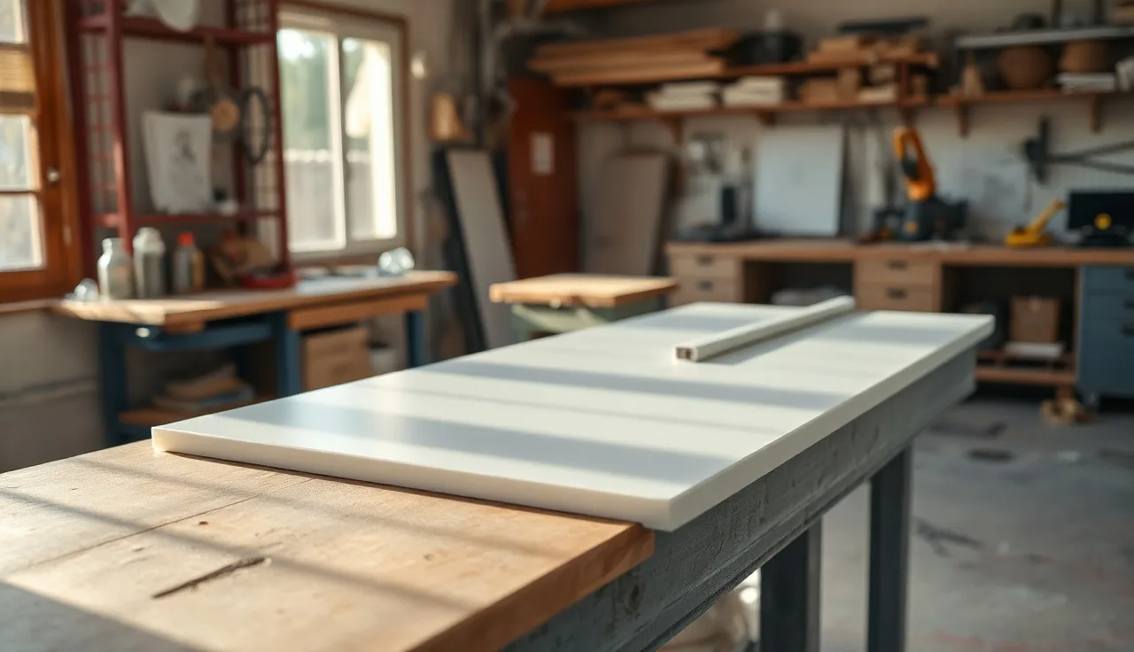 Fabricator trimming a solid surface countertop panel in a workshop with morning light