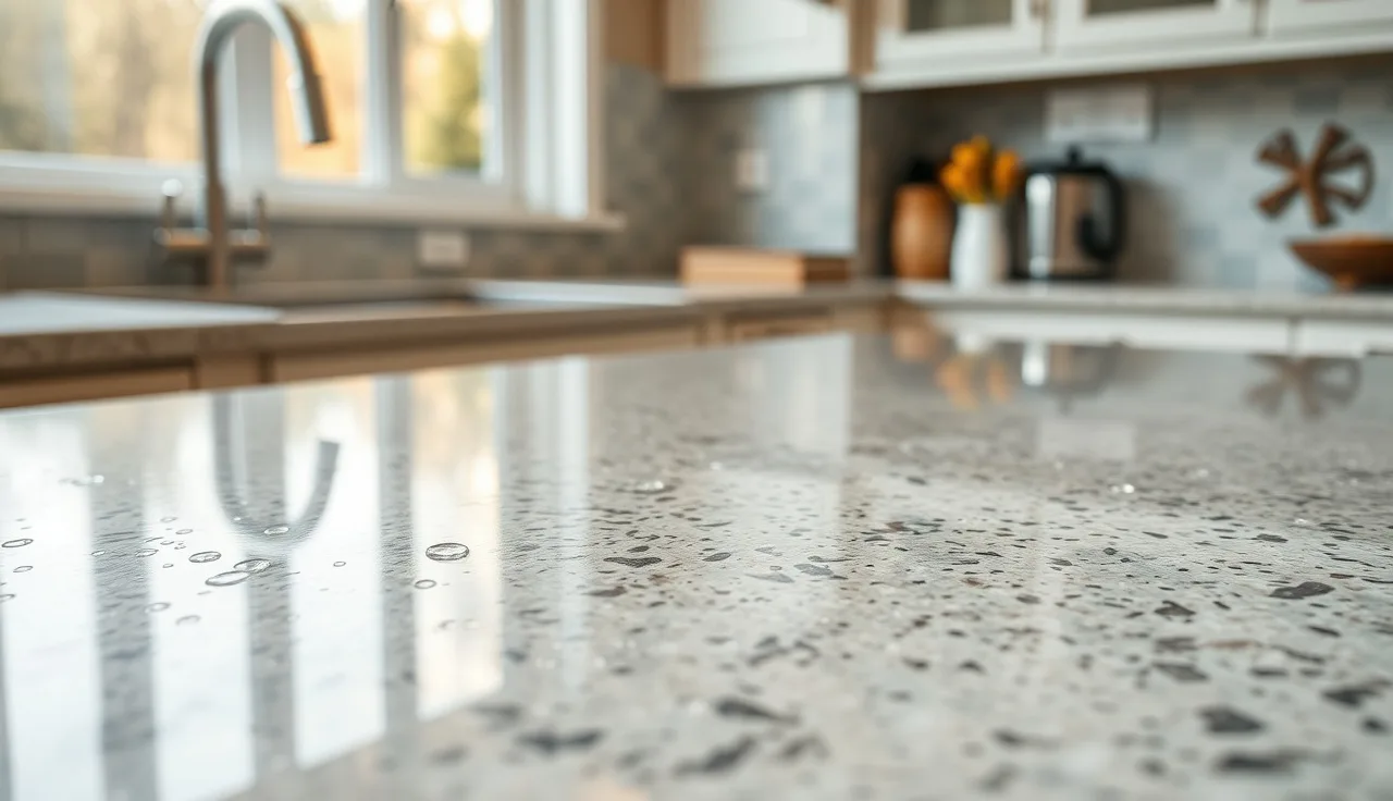 Water beading on a polished granite countertop showing an intact sealer