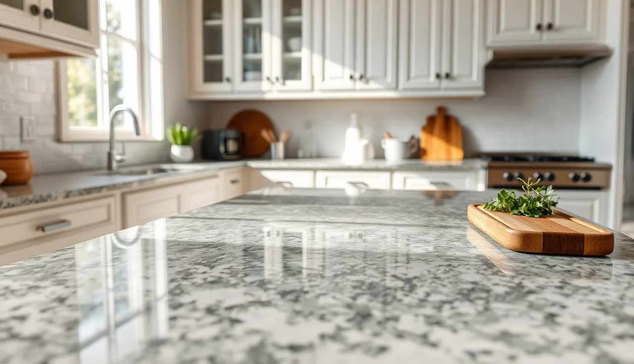 Polished Costa Esmeralda granite countertop with green veining in a bright kitchen
