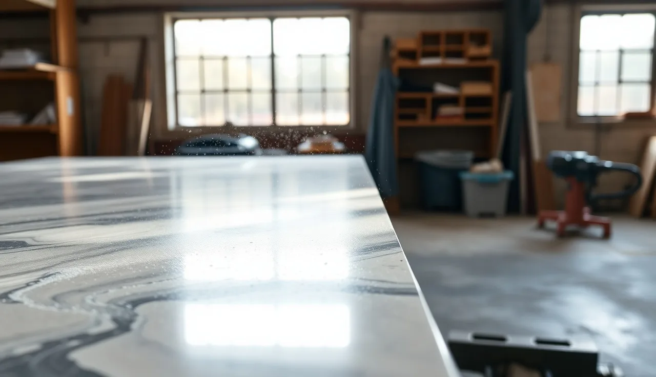 Stone countertop edge being polished on a fabrication shop workbench