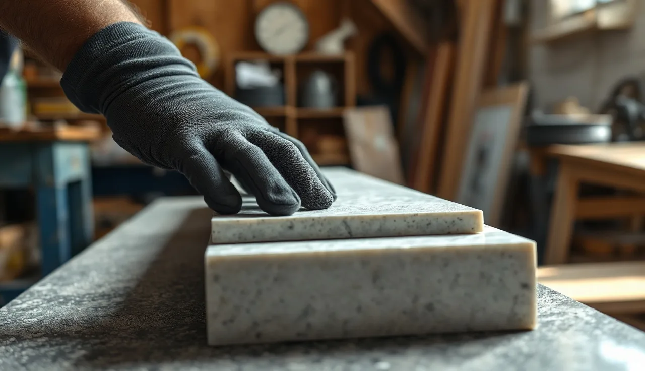 Stone fabricator comparing three polished countertop edge profile samples on a workshop bench