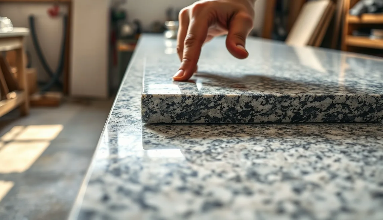 Fabricator examining multiple granite countertop edge profile samples on a workshop bench