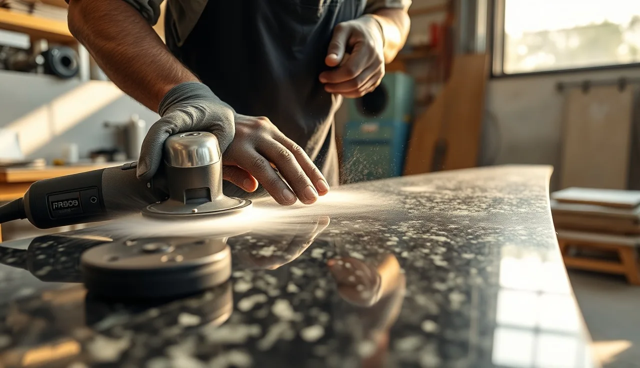 Stone fabricator polishing an ogee edge profile on a granite countertop slab in a workshop