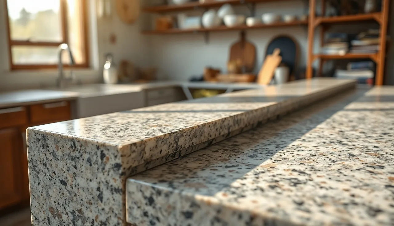 Three polished granite countertop edge profile samples in a fabrication workshop