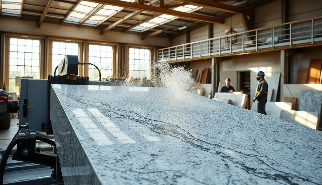 CNC bridge saw cutting a granite slab in a stone fabrication shop