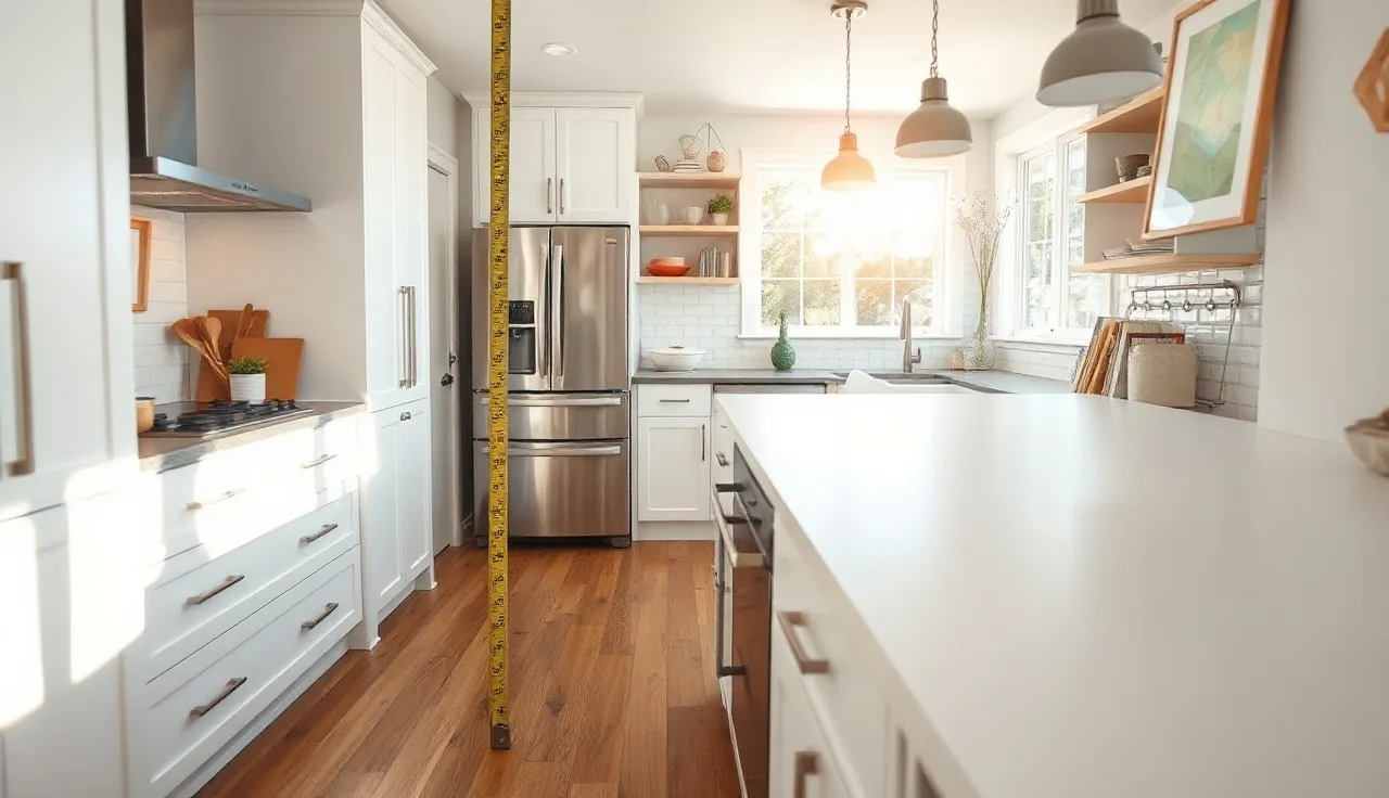 Measuring tape showing countertop height from kitchen floor to white quartz surface