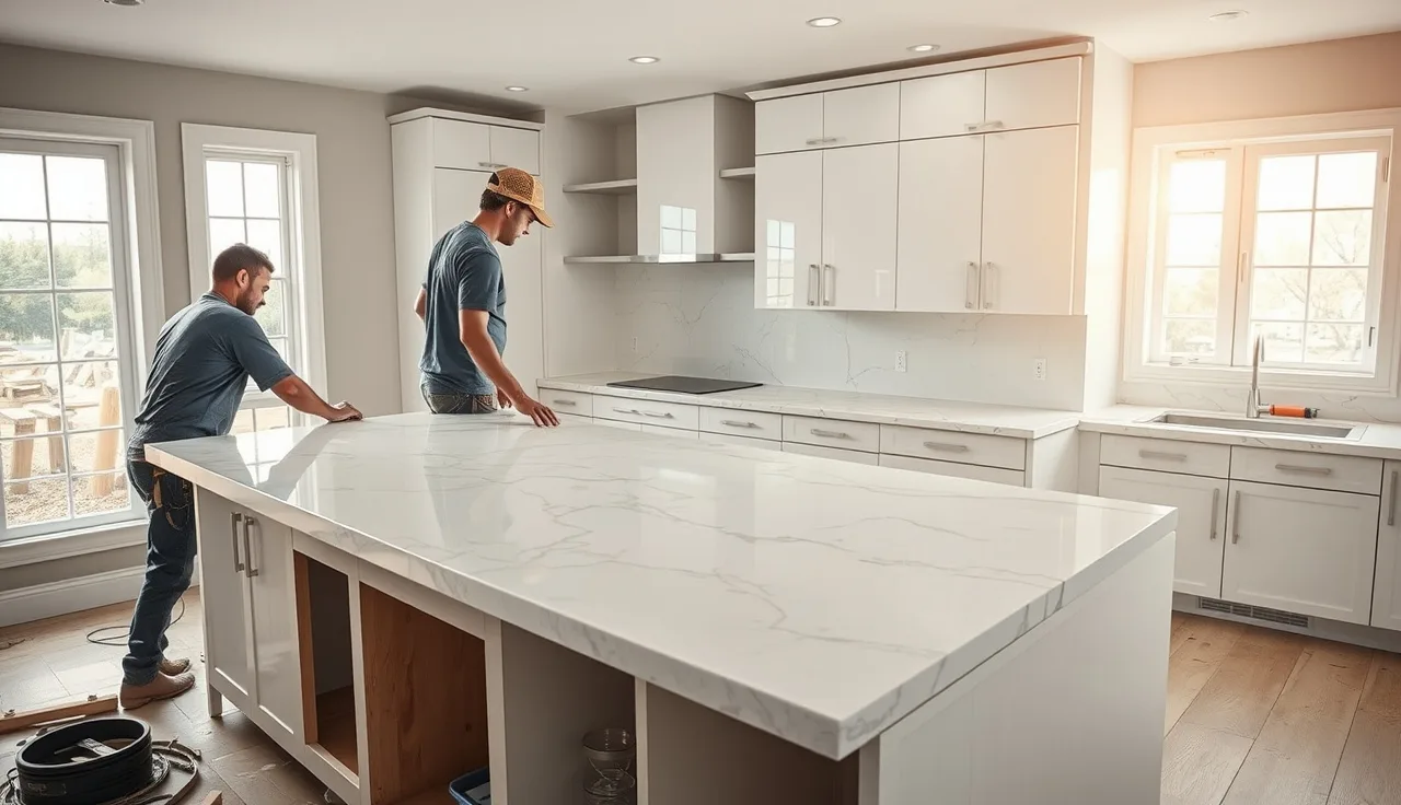 Two workers installing a marble countertop in a Chicago kitchen during renovation