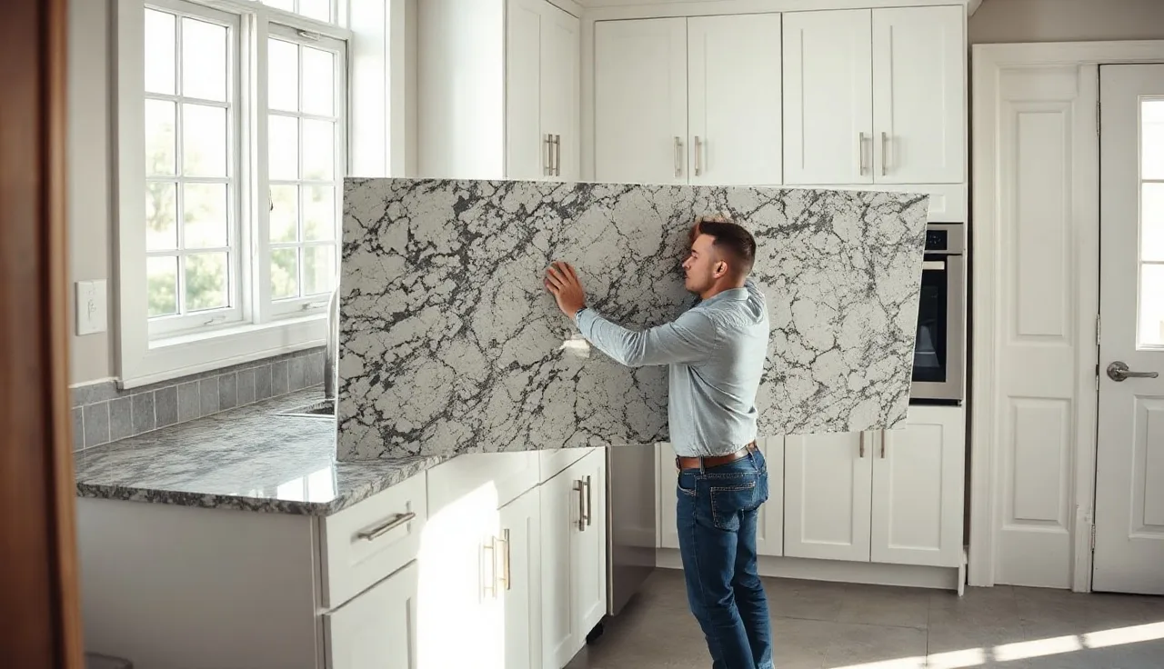Professional installer setting a granite countertop slab onto white kitchen cabinets