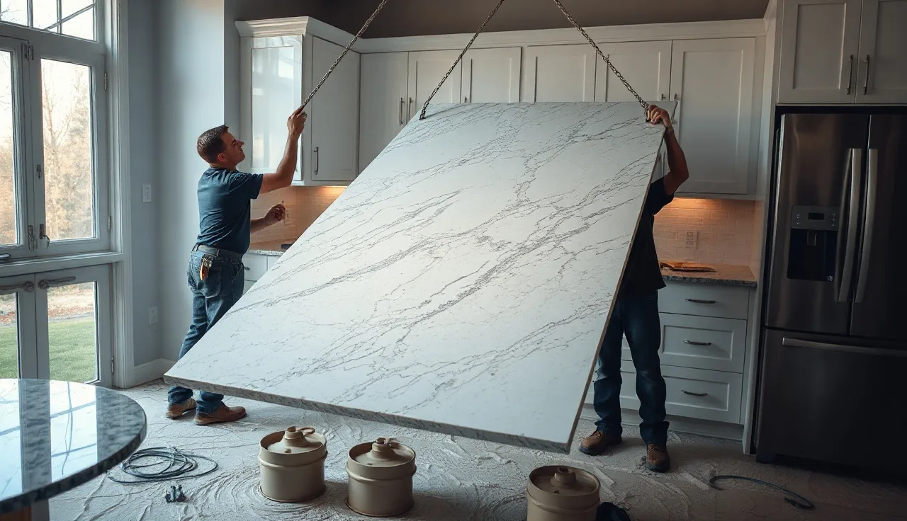 Two workers setting a granite countertop slab onto kitchen cabinets during installation