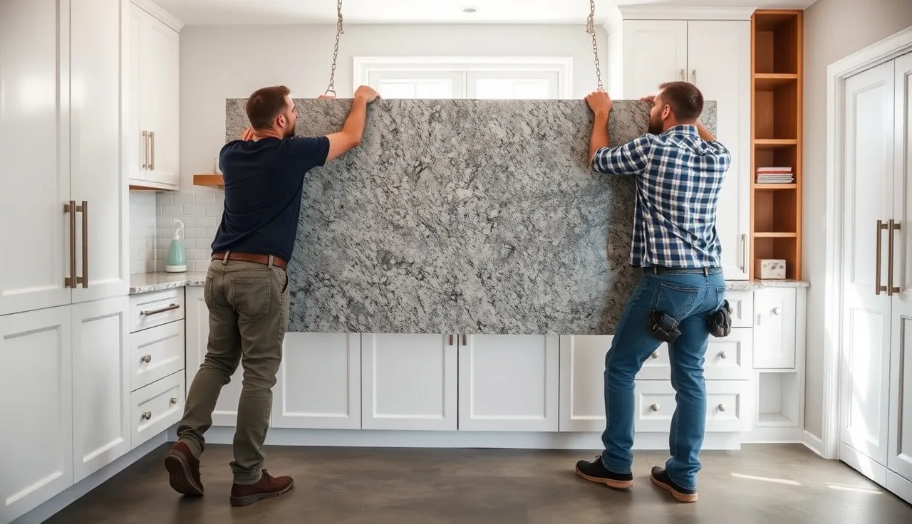 Two countertop installers setting a granite slab in a kitchen with morning light