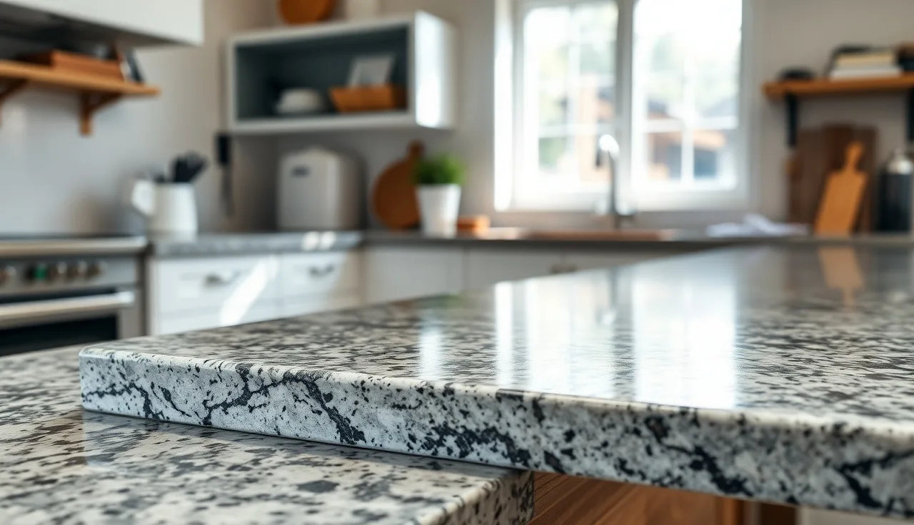 Polished granite countertop edge profiles on a fabrication workbench in natural light
