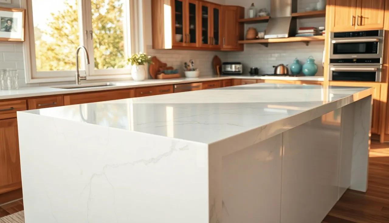 White marble kitchen island with mitered waterfall edge showing thick corner profile