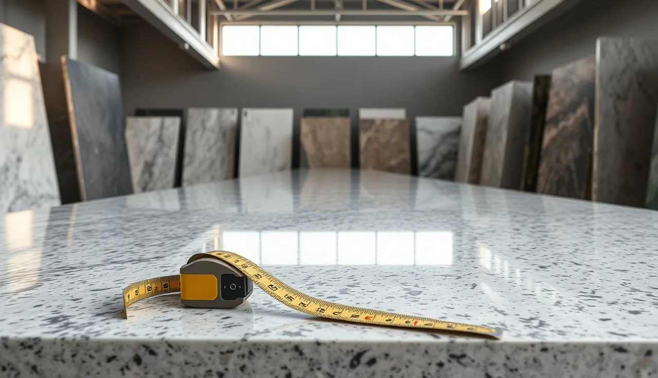 Stone slab showroom interior with granite and marble samples in afternoon light