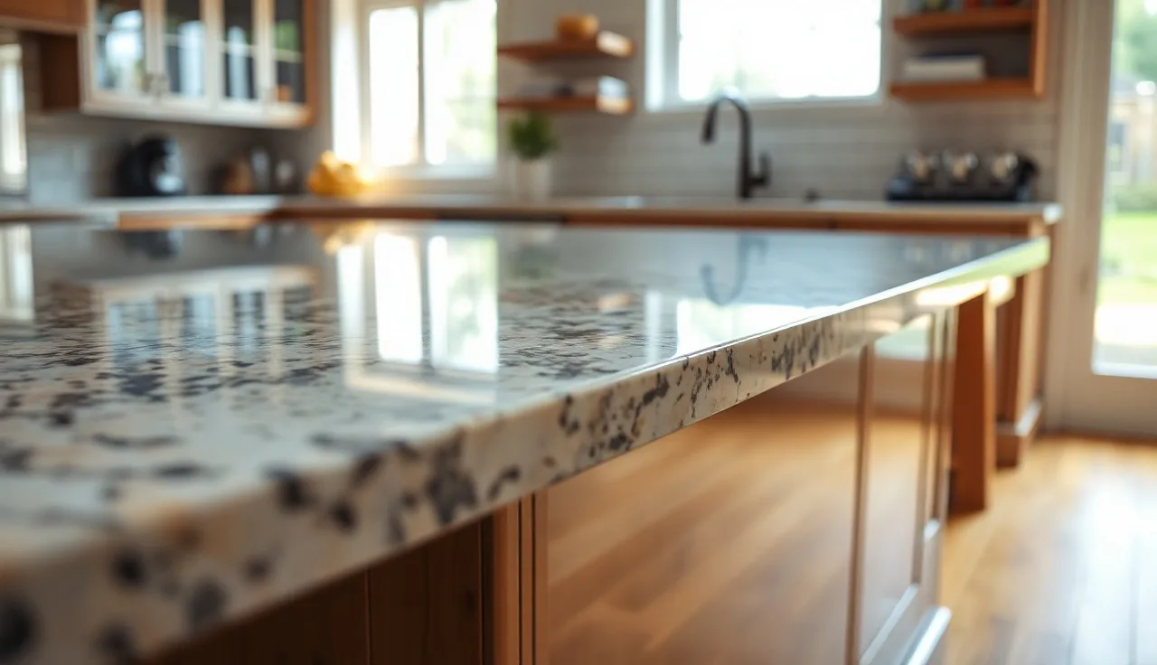 Close-up of a thick laminated stone countertop ultra edge profile on a kitchen island