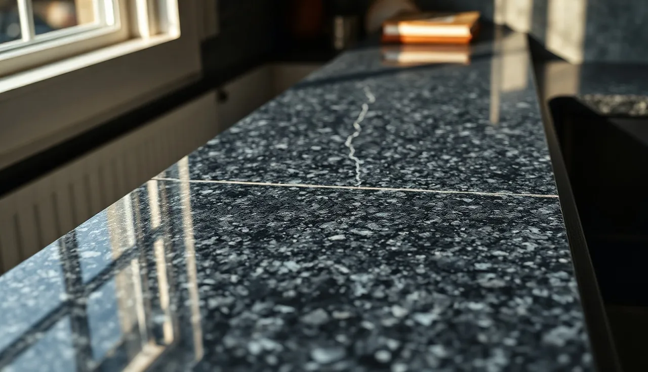 Close-up of a crack in a dark granite countertop near a sink cutout